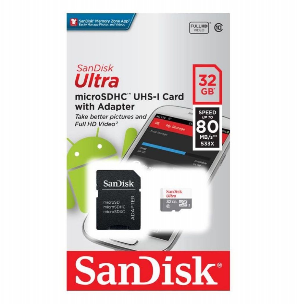 Cartão de Memória 32GB SanDisk Ultra C10 80Mb/s Sd Card