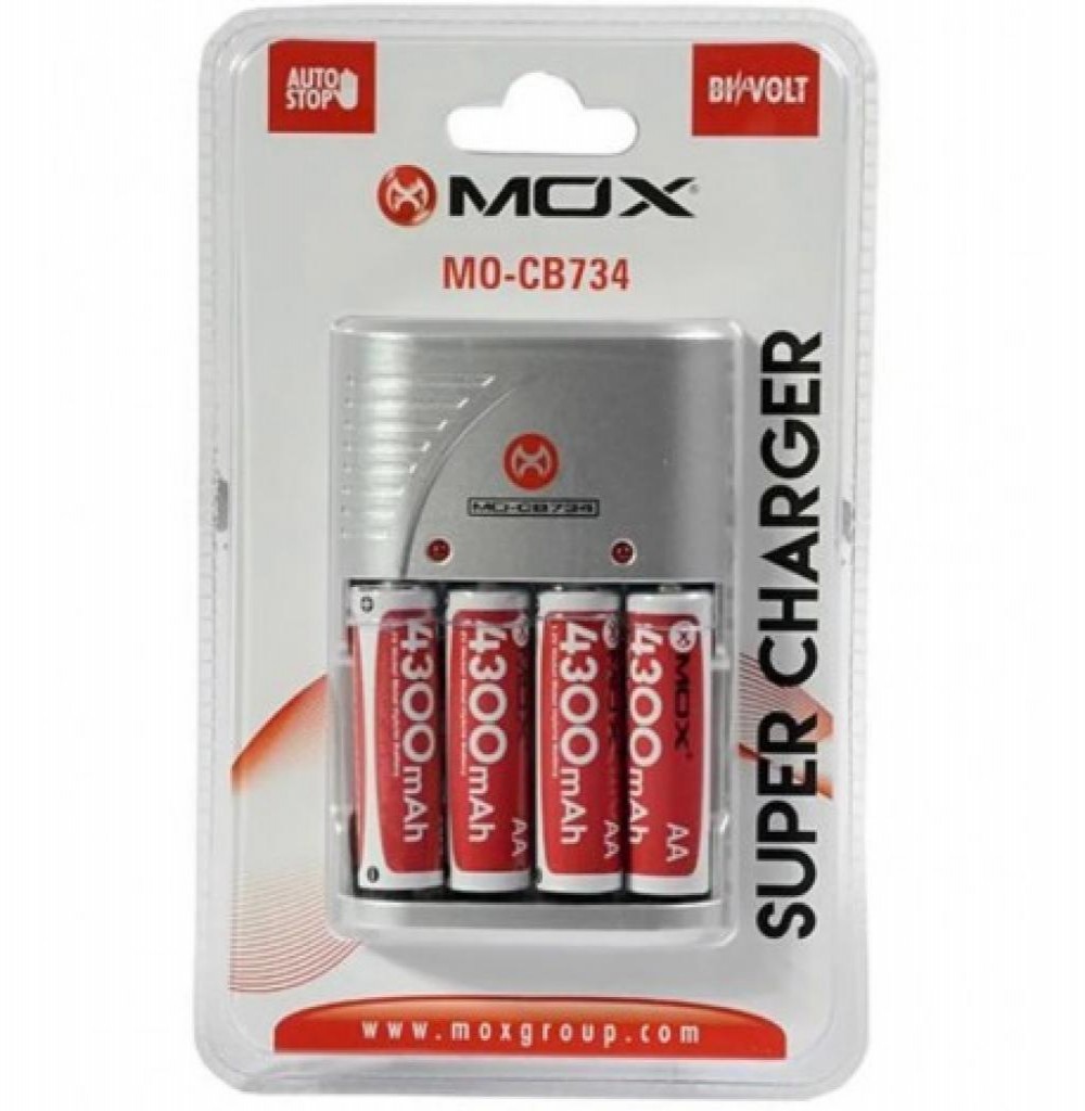 Carregador Mox MO-CB734 Com 4 Pilhas
