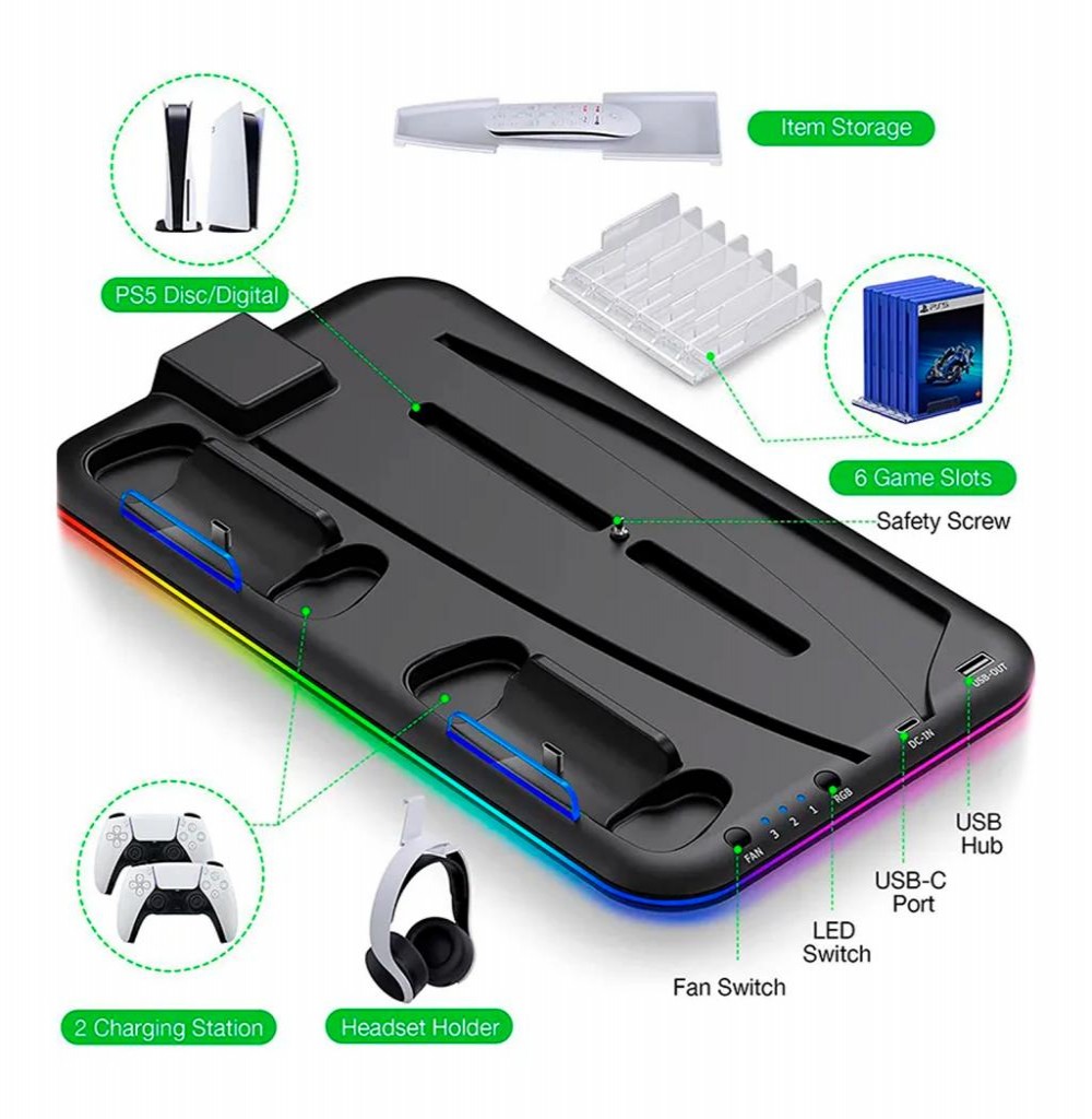 Carregador Multifuncional STK-501 RGB P/Ps5 