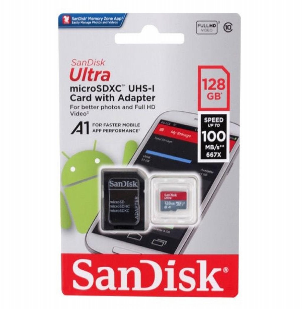 Cartão de Memória Micro 128GB SanDisk Ultra C10 100Mb/s